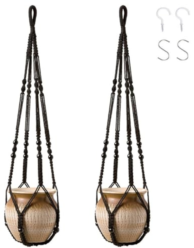Macrame Plant Hanger, 2 Pack Indoor Outdoor Hanging Planter Flower Pot Basket Hanging Cotton Rope with Wood Beads, Handmade Plants Holder with 4 Hooks for Yard Garden Home Decoration, 90 cm (Black)