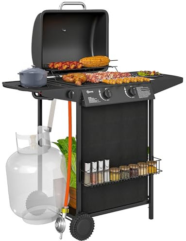 Outsunny Barbecue a Gas in Acciaio, BBQ a Gas a 2+1 Bruciatori da 7kW con Coperchio, Termometro, Ruote, Tavolino Laterale, Portaspezie e Vaschetta Raccogli Grasso, Regolatore e Tubo, Nero