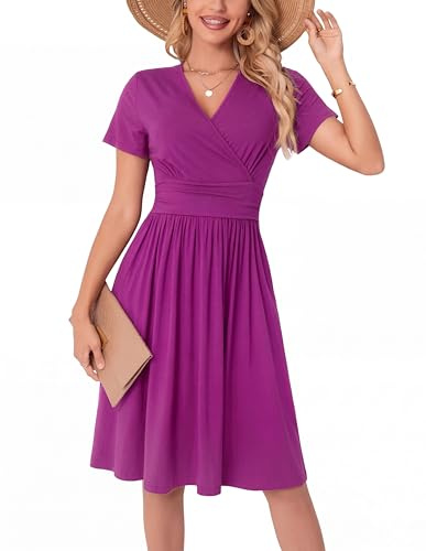 WUWUSKY Vestido de Verano para Mujer Vestido Midi con Escote en V Sexy Ligero y Casual Resalta la Figura con 2 Bolsillos Laterales, Uvas Lila,S