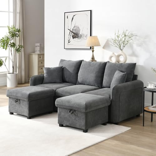 Zepneiy Divano ad angolo multifunzione, divano a 3 posti a U, con cassetti portaoggetti e poggiapiedi con funzione letto, modulabile e rimovibile, tessuto ciniglia, grigio scuro