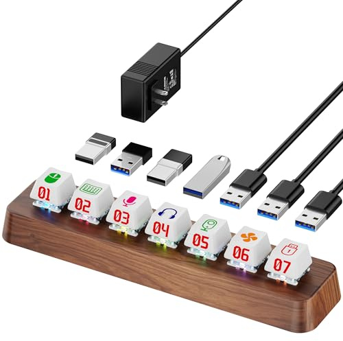 FEIFANZHE 7-Port USB 3.0 Powered Hub, RGB Lighting, Hot-Swappable Cherry MX Switch Support, 5Gbps Speed, Includes 12V/2A Power Adapter, Walnut Wood Cyberpunk USB Dock-FU0736