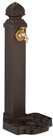 Relaxdays Fontana da Giardino in Stile Antico, Fontanella a Colonna con Rubinetto e Vaschetta, 77x29x33,5 cm, Marrone, 40% Alluminio