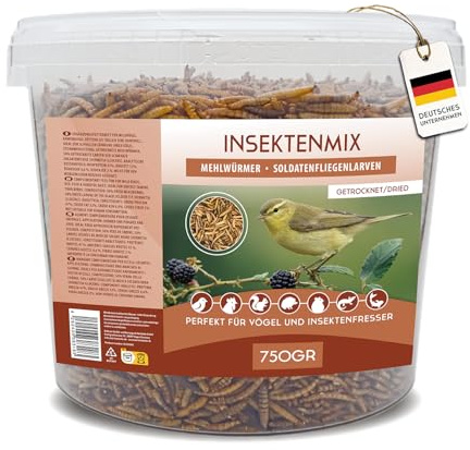 Koi-Herfilt insektsblandning 0,75 kg, torkade, soldatfluglarver, mjölmaskar, rik på proteiner och näringsämnen, foder för fåglar, fiskar, gnagare och reptiler