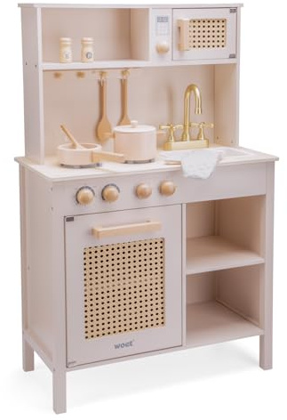 Woet – Cucina Giocattolo Rosa in Legno per Bambini – Giocattolo da Cucina con Utensili, Accessori e Dettagli in Rattan – Cucina di Imitazione – A Partire da 3 Anni – Regalo per Bambini e Bambin