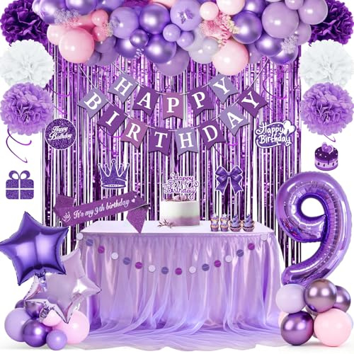 Lila Geburtstagsdeko für Mädchen 9. Geburtstag, Happy Birthday Banner, Violett Luftballons, Lila Lametta Vorhang, Geburtstag schärpe, Pompons, Hängende Spiralen für eine Prinzessinnen party