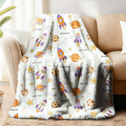 WADORN Weltraumrakete Fleecedecke Kuschelige Weiche Überwurfdecke Mit Raketen Planeten Und Sternen Flauschige Flanell Fleecedecken Plüsch Geschenke Für Weltraumliebhaber Büro Schlafsofa 150x130cm