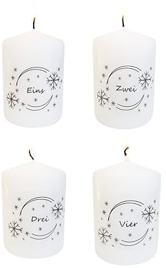 Adventskerzen 4er Set, 4x Stumpenkerze mit Zahlen weiß Motiv (Schneeflocke)