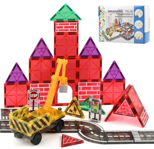 POUMUE 40 Costruzioni Magnetiche Strada con Gru Estensibile, Costruzioni Magnetiche per Bambini,Magnetic Tiles Road Set,Giocattoli per Costruzione di Città, Magneti Bambini per Bambini di 3 Anni in Su
