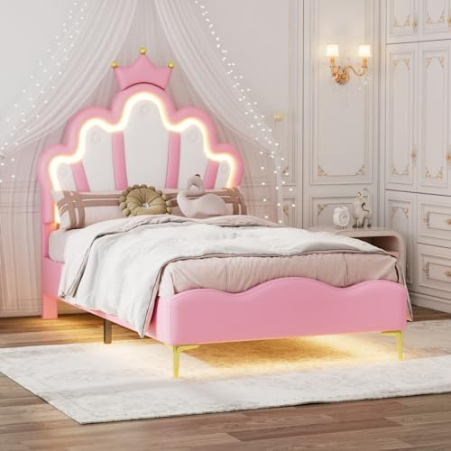 ADWOLT Kinderbett 90x200, Kronen-Prinzessinnenbet mit Höhenverstellbarem LED Kopfteil und Lattenrost, Bett Polsterbett Mädchenbett Rückenlehne Bettgestell, Polsterung aus PU-Leder,Rosa