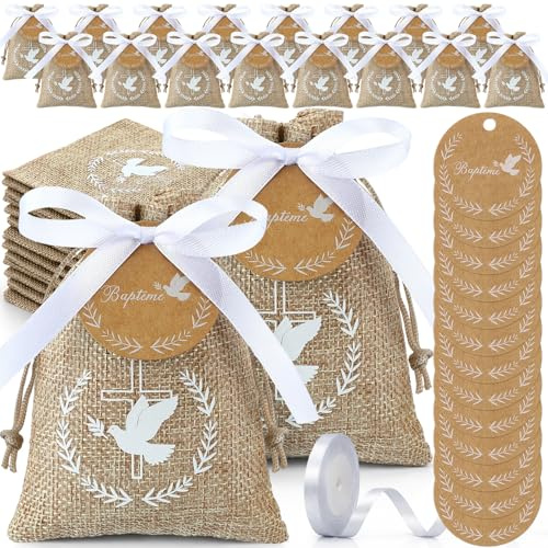 Xuniea 30 Bolsitas de Recuerdo para Bautizo con Etiquetas Redondas y Cinta Blanca Bolsas de Dulces con Diseño de Paloma, Ideales para Bautizos, Comuniones, Confirmaciones y Ceremonias