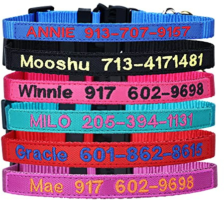 Personalized Nylon Cat Collar Breakaway with Bell - Custom Embroidered Text ID Collars with Pet Name and Phone Number