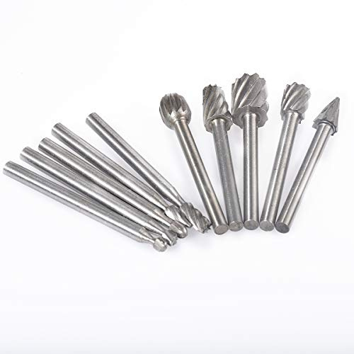 KATUR 10Pcs HSS Cutting Burr Bits Set 1/8 Shank for Dremel Rotary Tool Metal Woodworking Router Grinding High Speed Cutter Single Cut Burs M2 Steel