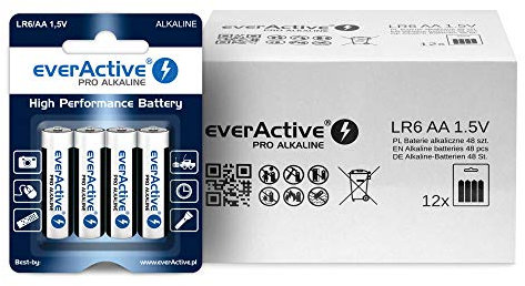 everActive AA Batterien 48er Pack, Pro Alkaline, Mignon LR06 R06 1.5V, höchster Leistung, 10 Jahre Haltbarkeit, 48 Stück – im Blister verpackt