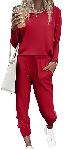 Ekouaer Women's Pajama Sets Casual 2Pcs Sleepwear Long Sleeve Pullover Tops Long Joggers Pants with Pockets Deep Wine Medium