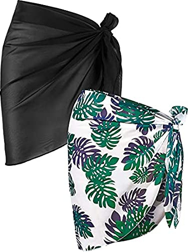 JFAN Traje de Baño para Mujer Bikini Cubierta Falda de Chifón Pareo de Playa Piscina Vacaciones Negro + Hoja Verde