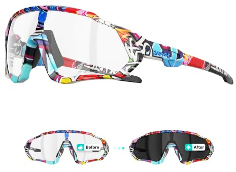 KAPVOE Selbsttönende Fahrradbrille UV400 TR90 Herren Damen K9408 | Klar zu Schwarz Photochrom CAT.0-CAT.2, Nachtfahrt, UV400, 34g TR90
