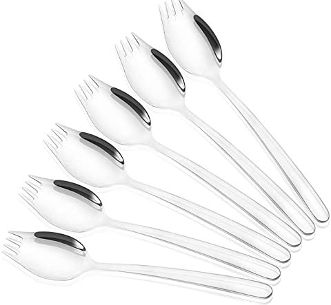 6 Pièces 2 en 1 Cuillère Fourchette, Argent creatif 2 en 1 Double Fourche Cuillere, Acier Inoxydable Fourche Cuillere, pour Fruit Salade Pâtes Dessert - Décoration de Table Crème Glacée (Argent)