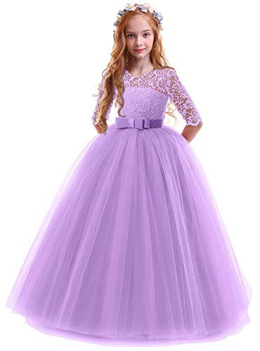 IBTOM CASTLE Brautjungfer Kleider für Mädchen Blumenmädchen Hochzeitskleid Lange Ärmel Schmetterling Festzug Lila 7-8 Jahre