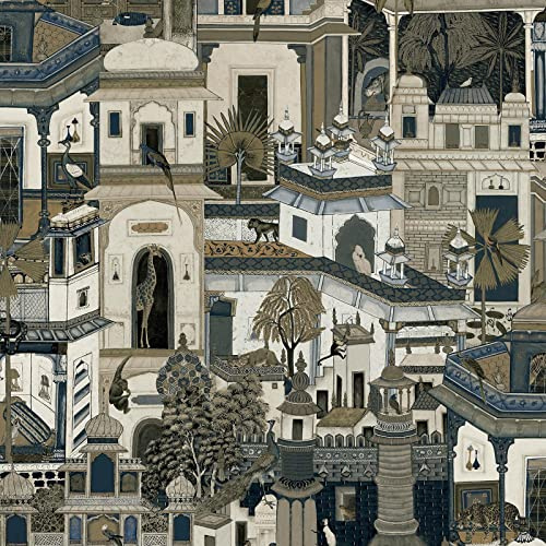 Holden Decor Animal City Wallpaper - Modern Luxury Nature Design for Living Room, Bedroom, Fireplace - Urban Moroccan City Landscape & Jungle Animals, Navy Blue and Brown