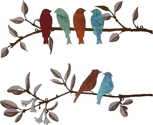 COJJ Metal Birds Wall Art Decoration, 2pcs Vivid Birds on Branch Wall Sculpture - Metal Wall Hanging Decor for Garden, Balcony, Indoor & Outdoor Ornaments