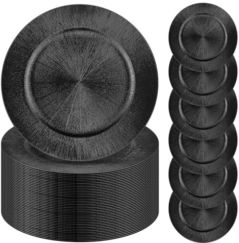 Tanlade 100 Pcs Charger Plates Bulk, 13 Inch Plastic Round Charger Dinner Plates Elegant Wedding Serving Plate for Event Tabletop Wedding Party Bridal Baby Shower Decor (Black)