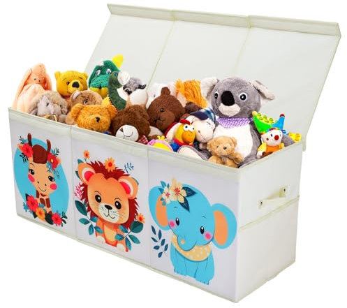 decalsweet Scatola di Giocattoli Extra Large con Coperchio Ribalta per Bambini, Contenitore Porta Giochi Pieghevole Oxford Tasche in Rete, Baule Portagiochi Impermeabile, 96×32×40 cm (Animale Carino)