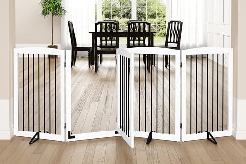 PUPETPO Freestanding Dog Gates with Door Walk Through, 80 inch Wide Gates Indoor, Dog Fences Indoor, Support Feet Included, 4 Panels, 32 Tall, White & Black