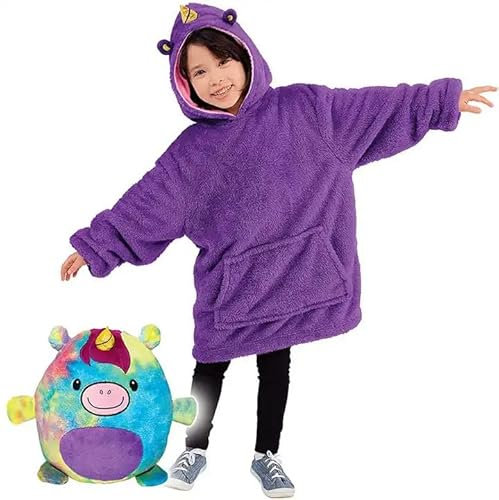 Frilla Hoodie Decke mit Ärmeln Kinder - Kuschelpullover Kinder zum Anziehen mit Kapuze, Ärmeln und 2 Taschen | PILLOWPET (Regenbogen Einhorn)