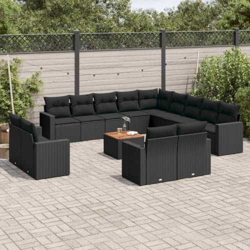 Rantry 14-TLG. Garten Sofagarnitur mit Kissen Gartensofa mit Stauraum Gartenlounge Balkonmöbel Gartenmöbel Loungesofa Sitzgruppe Rattansofa mit Gartentisch Ecksofa Gartenset Schwarz Poly Rattan