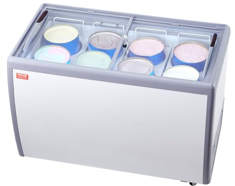 VEVOR Kommersiellt glasskåp, 370 l horisontell frys, mobil med glaslock, med 8 stora badkar, 2 skjutdörrar i glas, låsbara hjul, vit, 1260 x 715 x 875 mm