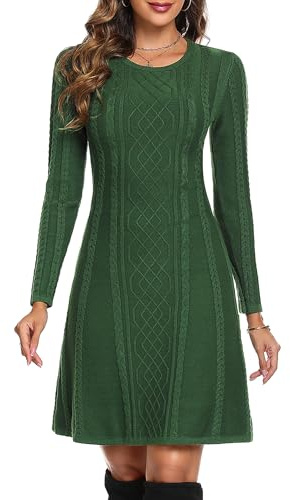 Aottori Green Dresses for Women UK Long Sleeve Knitted Jumper Dress Ladies Round Neck Sweater Bodycon Dress Winter Pullover Party Dress Dark Green L
