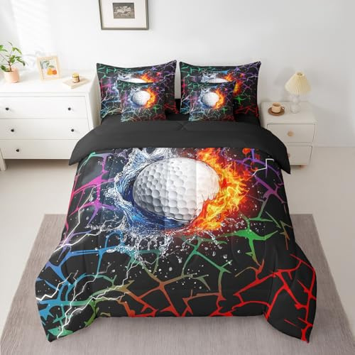 Erosebridal Ice Fire Golf Kids Bed in A Bag for Boys Full 7 Piece Golf Sports Comforter Set with Sheets for Teen Men,Abstract Graffiti Tie Dye Golf Bedding Set Geometric Stripes Bed Set