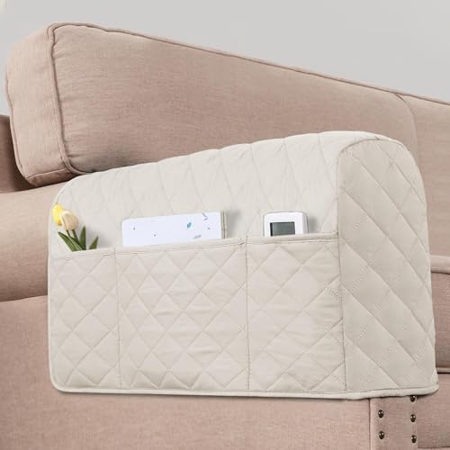 Hearda 2 Stück Elastische Armlehnenbezüge Couch Armlehnenschoner mit 3 Taschen, Stretch Abnehmbar Sesselbezug rutschfest Sesselschoner Armkappen für Stühle Sofas Sessel (Beige)