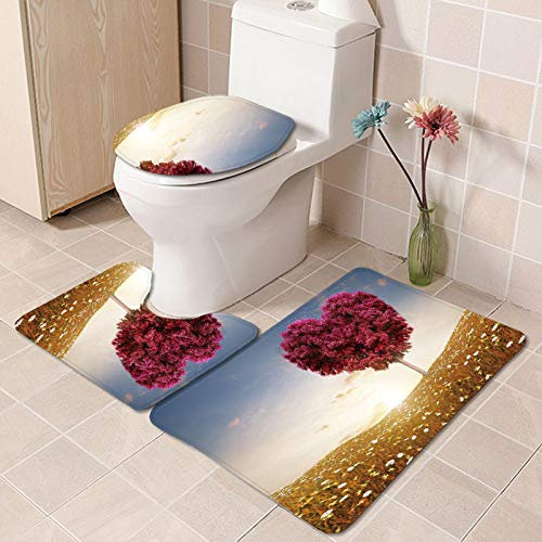 Bad Teppiche Set Purpurroter Herzbaum Badezimmerteppich Waschbar WC Vorleger mit Ausschnitt und WC Deckelbezug 3 Teilig Badematte rutschfest Toilettensitzbezug Badgarnitur 45x75 cm