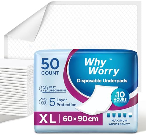 WhyWorry Inkontinensskydd 60 x 90 cm, Engångs Inkontinens Sänginlägg för Vuxna och Äldre, Högabsorberande Skötunderlägg för Spädbarn, 200 Stycken (4 Pakets med 50)