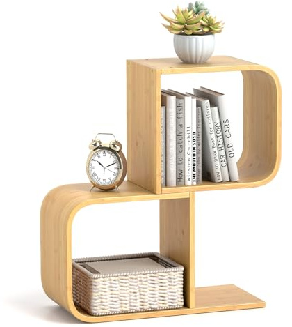 COSTWAY Bücherregal S-förmig, Standregal aus Bambus Würfelregal, Geometrisches Dekoregal Bambusregal für Wohnzimmer, Arbeitszimmer, Büro