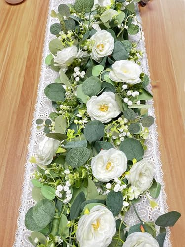 Aoztio 4 Guirnaldas Florales Artificiales de 1.8 Metros, Guirnalda de Flores Artificiales de Eucalipto con Rosas Blancas, Guirlanda Vegetal Realista para Decoración de Hogar, Mesas, Jardines, Bodas