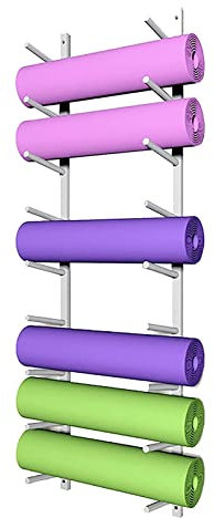 Vitt väggmonterat yogamattställ, 6/9 nivåer metall skum rullorganiseringshållare för träningsmattor och pilatesmattor, lätt att installera