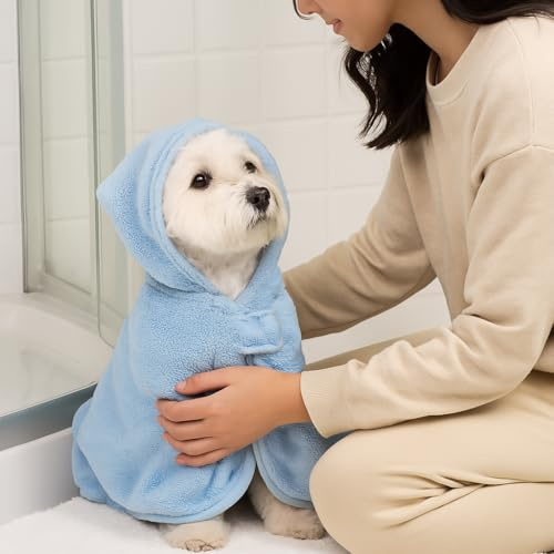 HEYPOMAX Pet Bath Towel Robe with Hood – Super Absorbent Dog Drying Coat for Dogs & Cats –Coral Fleece, Quick-Dry Wrap ([Baby Blue] Bathrobe,S - for Pets Between 8.8 lbs - 22.0 lbs)