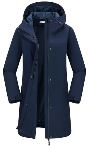 33,000ft Women's Rain Jacket Long Trench Coat Waterproof Windbreaker Hooded Lightweight Ladies Raincoat Functional Jacket Outerwear with Pockets Navy Blue L