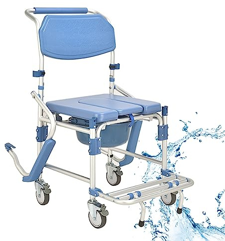 PLMNBQWE Sedia Comoda con Ruote, Sedia da Toilette Impermeabile con Seduta Imbottita, Pedale Pieghevole e rotelle bloccabili, Sedia a rotelle da Trasporto per comodini per Anziani