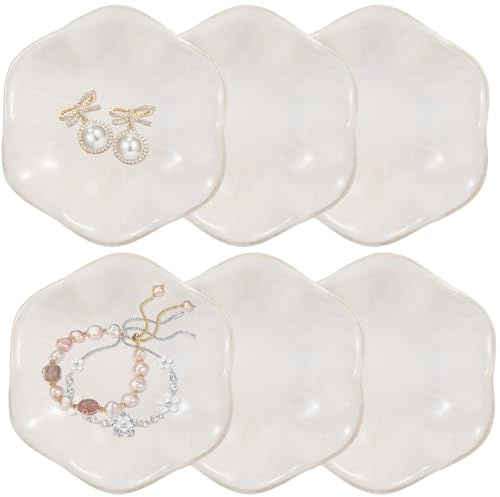 yeeplant Lot de 6 plateaux à bijoux en céramique avec motif feuille de lotus blanche avec bord doré, assiettes en poterie pour bagues et clés