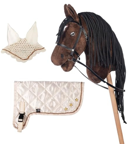Brama West HKM Hobby Horse Set „Stern“ – Steckenpferd Braun + Premium Decke & Fliegenhaube – Perfekt für Hobby Horsing & Turniere (Braun/Beige)