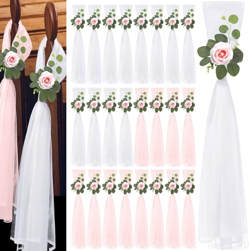 WGXX 24 Set Large Pew Decorations for Weddings 31.5 Reusable Church Aisle Hydrangea/Gardenia Floral Arrangements with Tulle Tails Wedding Chair Decor for Ceremony Reception Bridal Shower (Pink)