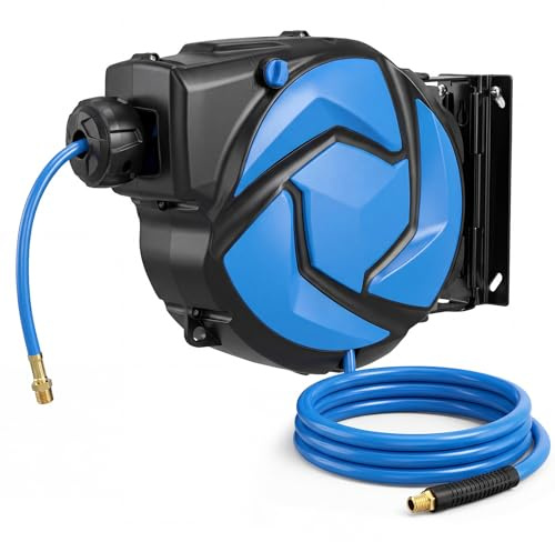 TANGZON Retractable Air Hose Reel, 14m/15m + 1.5m Automatic Rewind Reel with 180° Swivel Bracket & Brass Connector, Portable 150/250PSI Air Compressor Reel (14m + 1.5m, 250 PSI)