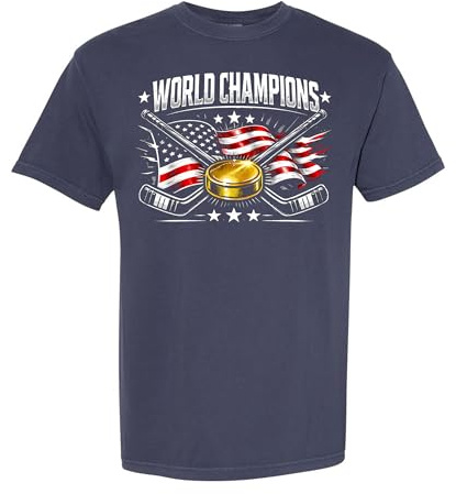 USA World Champions Shirt – Patriotic Hockey T-Shirt – Gold Puck American Flag Graphic Tee - Comfort Colors T-Shirt X-Large Navy
