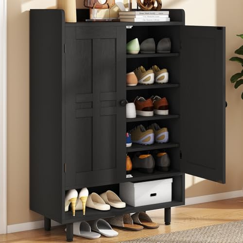 Hawthyhome Schwarzer Schuhschrank aus Holz mit Türen, Shoe Cabinet für mehrere Familienmitglieder, 7+1 Ebenen Flurschrank mit großem Fassungsvermögen, Schuhkommode für Wohnzimmer, 75 × 35 × 115 cm