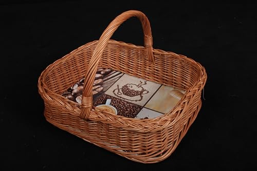 Tablettkorb mit Bügelgriff, aus unbehandelter Weide, stabiler Sperrholzboden mit hochwertiger Wachstuchfolie (Kaffee)