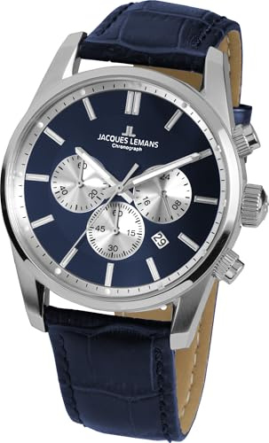 JACQUES LEMANS Herrenuhr Lederarmband massiv Edelstahl Chronograph 42-6B