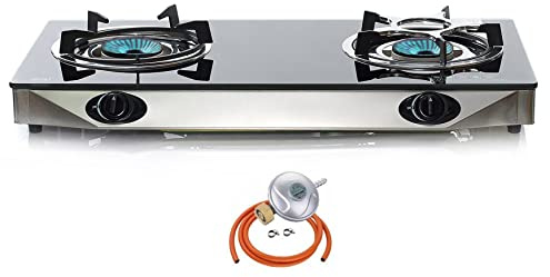 NJ NGB-S2 Indoor Gas Stove 2 burners Hob Black Glass Cooker 6.8kW with Regulator Set (Butane 29mbar Screw-on)